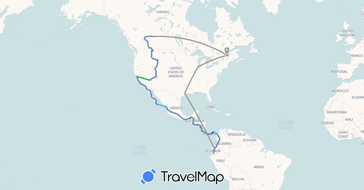 TravelMap itinerary: driving, bus, plane, cycling, boat in Canada, Colombia, Costa Rica, Ecuador, Guatemala, Honduras, Mexico, Nicaragua, Panama, El Salvador, United States (North America, South America)